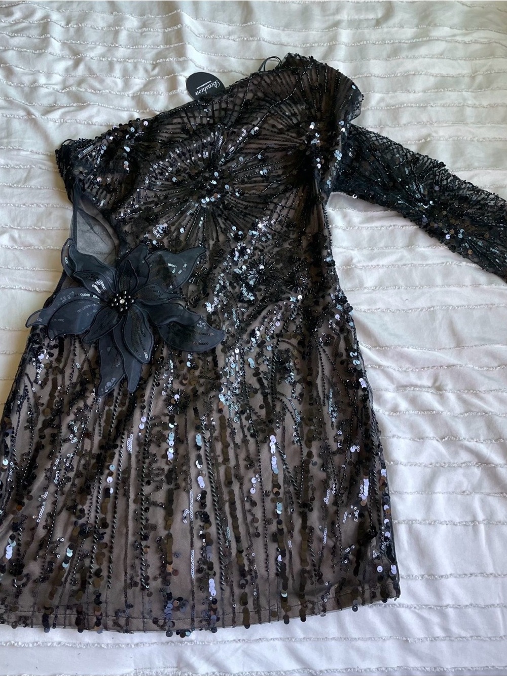 Black Sequin One-Shoulder Mini Dress with Floral Appliqué